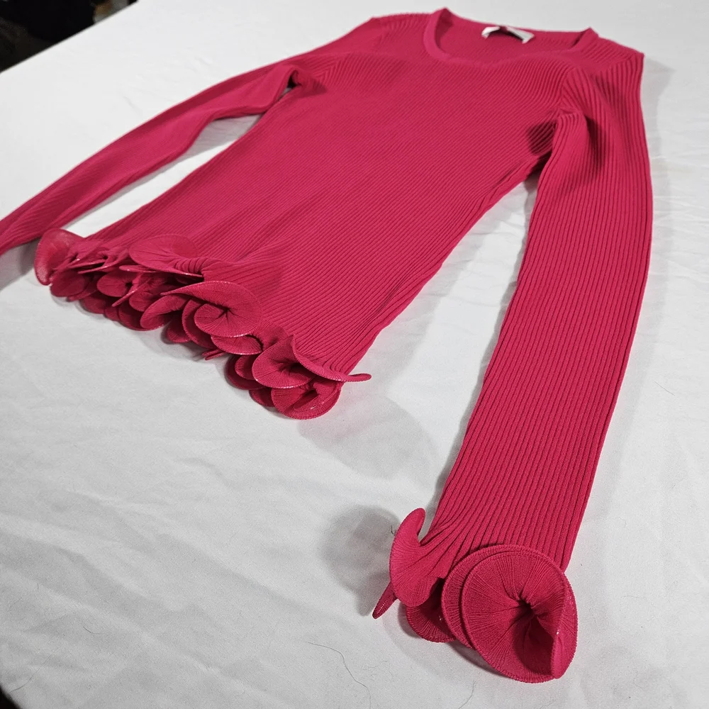 Milly Pink Ribbed Ruffle Cuff Blouse - Picture 4 of 5